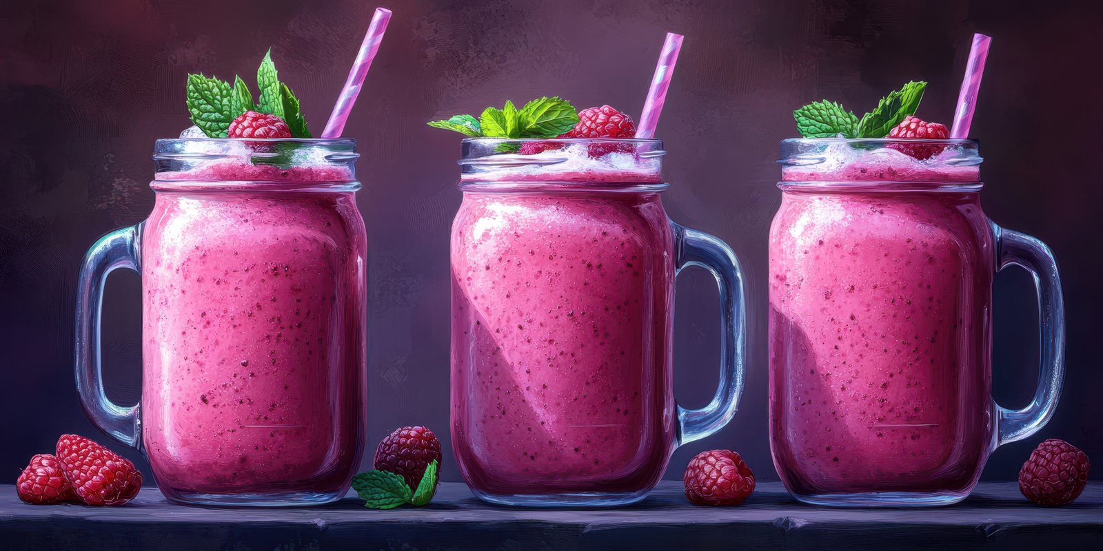 Refreshing raspberry smoothies served in mason jars with mint leaves on a dark surface